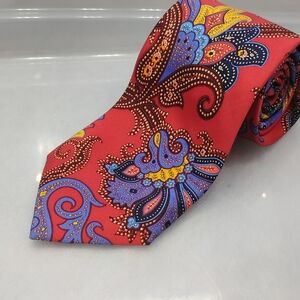 Vibrant Red Paisley Tie with Blue and Yellow Accents